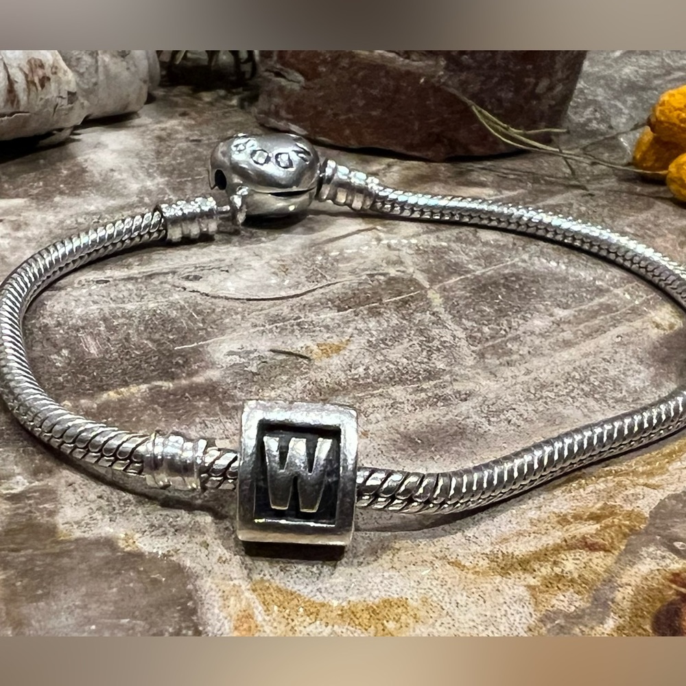 Authentic Pandora alphabet block letter W in oxidized silver Charm Bead